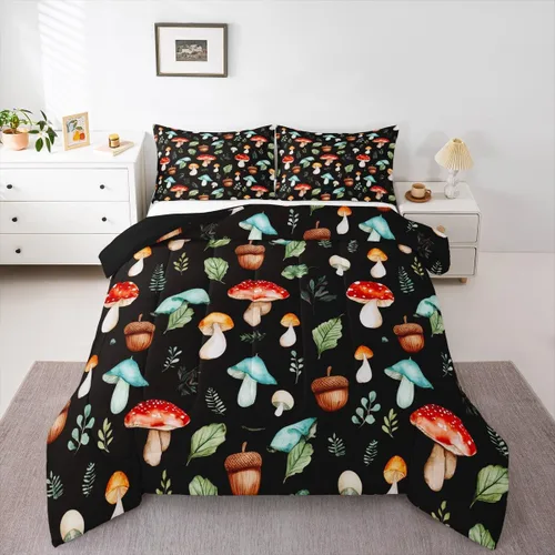 Miniatura 20 de Feelyou Lindo juego de ropa de cama de hongos kawaii tamaño individual para niños y niñas, decoración de hongos salvajes, juego de edredón