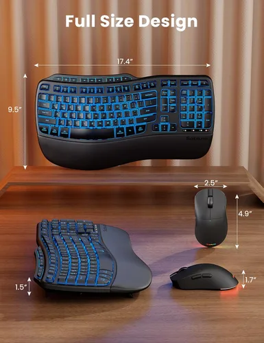 Miniatura 9 de Combo ergonómico de teclado y mouse inalámbricos, teclado retroiluminado recargable de 4000 mAh con un reposamanos suave de piel de cordero