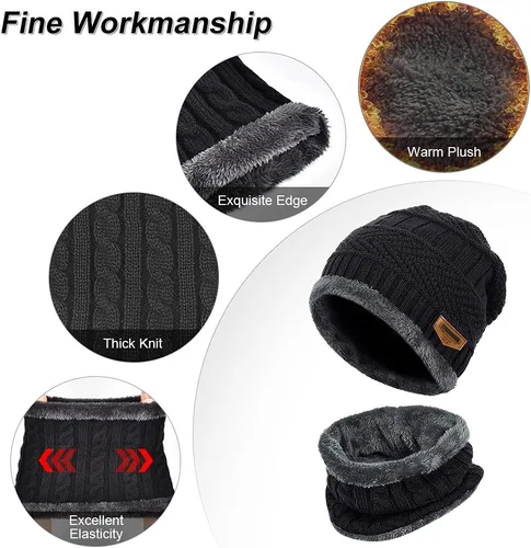Miniatura 3 de Winter Hat Scarf Glove Set - Fleece Warm Knit Neck Warmer Beanie Cap Mittens