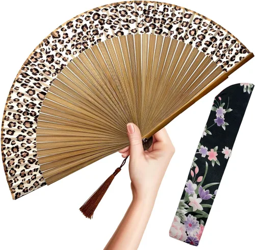 OMyTea Ventilador de mano plegable para mujer, ventilador chino japonés plegable (bambú sexy, leopardo)