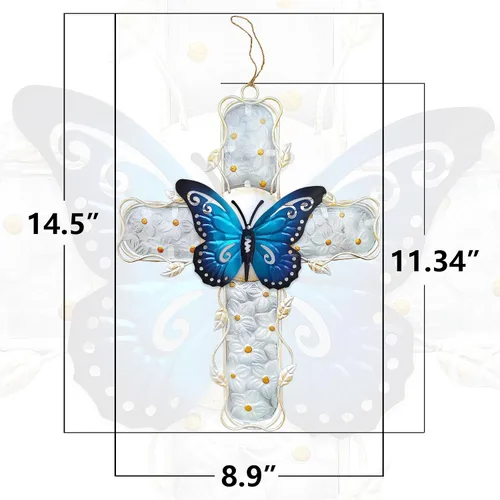 Miniatura 3 de COOZZYHOUR Decoración de pared de metal con cruz de metal y cristal, flor de hortensia azul, decoración para exteriores, interiores, hogar, jardín