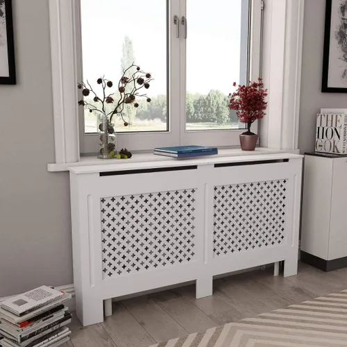 Miniatura 34 de 2 piezas de MDF para el hogar, calentador de sala de estar, soporte lateral para calefacción, cubierta de radiador, estante de gabinete de Blanco