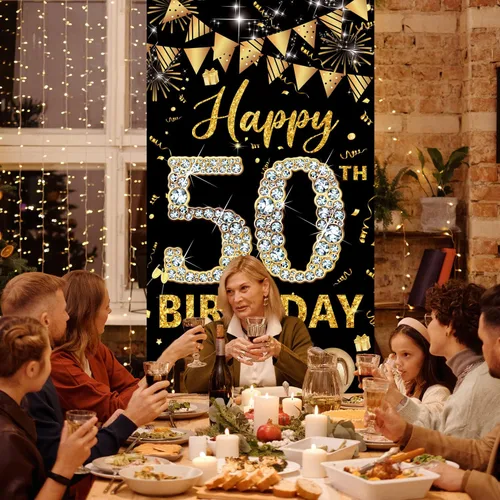 Miniatura 3 de Decoración de cumpleaños número 50 para puerta, decoración de feliz cumpleaños 50 negro y dorado para mujeres y hombres, decoración de póster