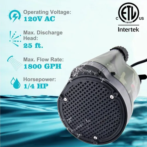 Miniatura 3 de TIGEROAR Bomba sumergible de agua de 120 V 1/4 HP 1800 gph, bomba de transferencia de agua sumergible con cable de 10 pies y adaptador de manguera