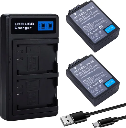 Paquete de 2 baterías EN-EL25/EN-EL25A con cargador de batería dual USB-C LCD compatible con cámaras Nikon Z30 Z50 ZFC, cargador MH-32