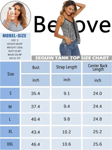 Miniatura 6 de Beyove Camiseta de lentejuelas sin mangas con cuello en V y tirantes delgados, parte superior de espalda cruzada brillante para fiesta