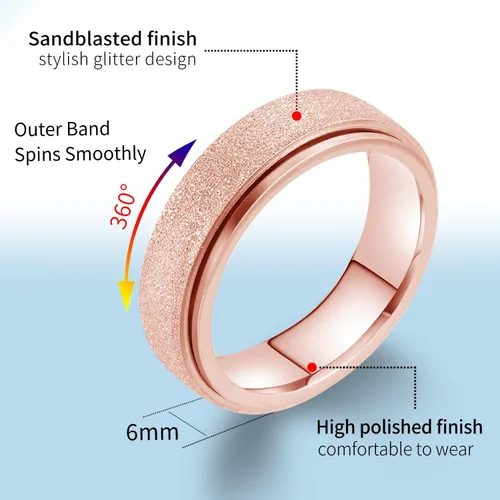 Miniatura 8 de LAOYOU Anillo giratorio para aliviar la ansiedad y la ansiedad para mujer, acero inoxidable de 0.236 pulgadas, con purpurina, para aliviar