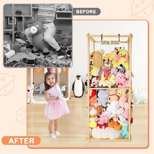Miniatura 5 de Estante organizador grande de peluche de 63 pulgadas para niños, estante organizador de almacenamiento de felpa de madera con cordón elástico