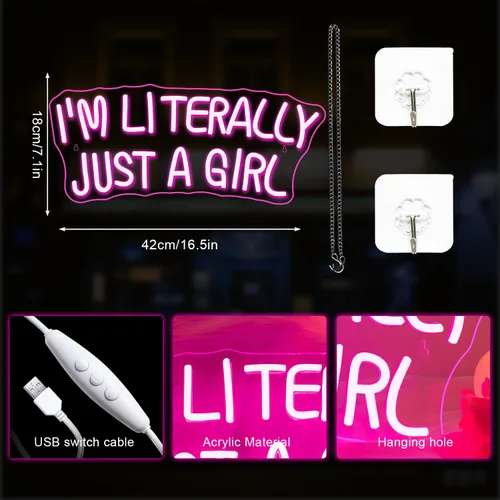 Miniatura 6 de Lucunstar Letrero de neón "I'M Literally Just A Girl" en rosa, letrero LED, luz de neón LED rosa para decoración de pared, letrero iluminado