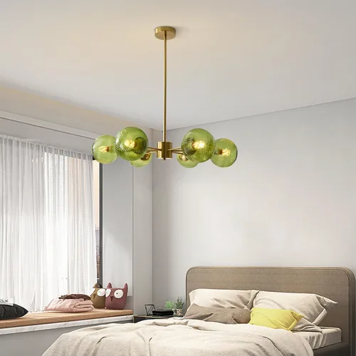 Miniatura 6 de BOKT Lámpara Colgante de Bola de Vidrio Verde Moderna de Mediados de Siglo Dorada de 6 Luces Globo Sputnik Candelabro Accesorio de Iluminación