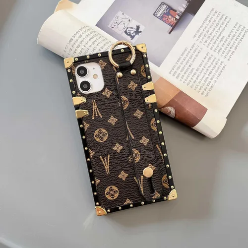 Miniatura 3 de Funda rectangular de cuero compatible con 11 con correa para muñeca, funda de diseñador de lujo para mujeres y niñas, funda protectora con soporte