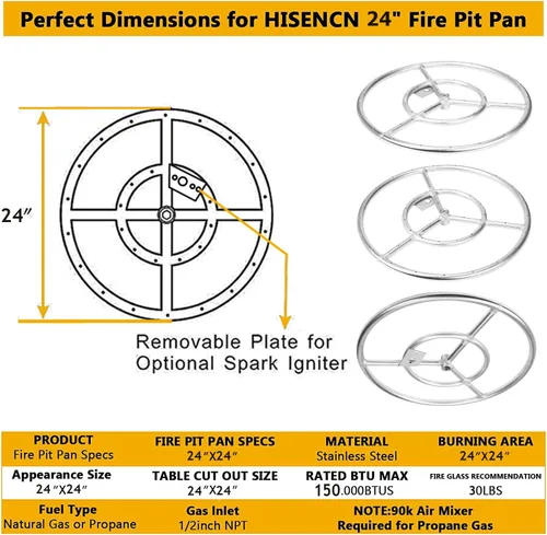 Miniatura 5 de Kit de Anillo de Quemador de Hoguera Hisencn de 24 Pulgadas, Inserto Redondo de Hoguera de Acero Inoxidable 304 con Encendido de Chispa y Kit