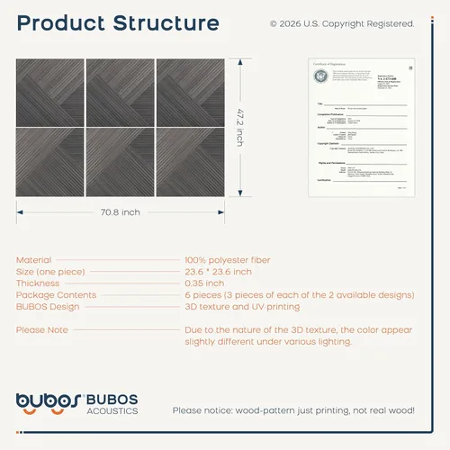 Miniatura 3 de BUBOS Paquete de 6 paneles de pared de madera acústica, paneles absorbentes de sonido de 23.6 x 23.6 pulgadas con respaldo adhesivo completo