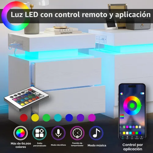 Miniatura 5 de LIKIMIO Mesita de noche con estación de carga, mesita de noche moderna en negro con luz LED y cajones, mesas de cabecera/mesa auxiliar