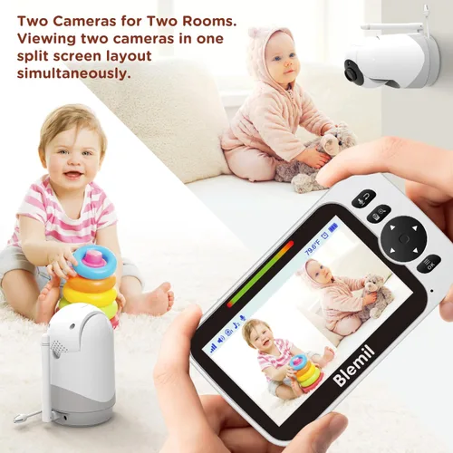 Miniatura 7 de Blemil - Monitor de bebé con batería de 30 horas, monitor de vídeo para bebé con pantalla grande dividida de 5 pulgadas, con cámara y audio, batería