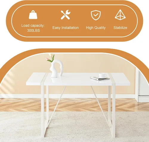 Miniatura 7 de Mesa de comedor rectangular industrial estilo crema para 4 6 personas con parte superior de 1.5 pulgadas de grosor y patas de metal blanco e