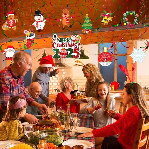 Miniatura 7 de Juego de 30 piezas de decoraciones navideñas colgantes de remolinos de papel de aluminio, letrero de muñeco de nieve y alce, remolinos colgantes