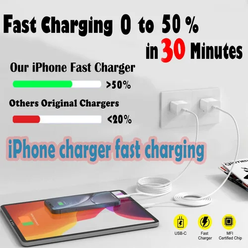 Miniatura 2 de Cargador rápido para iPhone, cable de carga de teléfono, paquete de 3 cargadores de iPhone de carga rápida de 6 pies, adaptador de carga USB C de 6