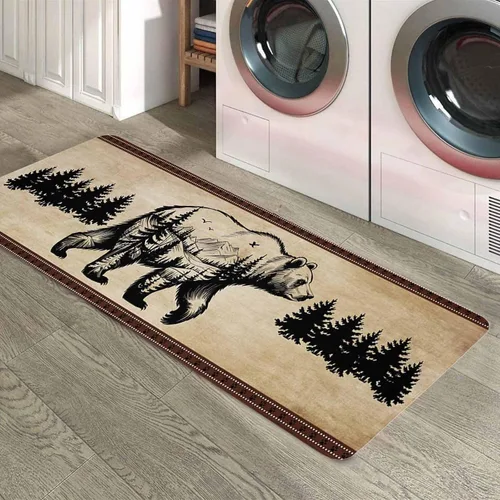 Miniatura 6 de Tapete de cocina, 1 unidad, diseño vintage de pino y oso, antifatiga, cómodo, de espuma viscoelástica, antideslizante, para puerta de baño