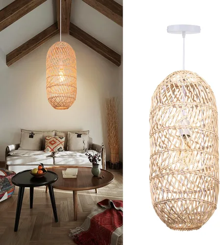 Miniatura 6 de Arturesthome Lámpara colgante de 1 luz de ratán natural, pantalla de lámpara colgante tejida, lámpara de techo colgante, lámpara colgante hecha a
