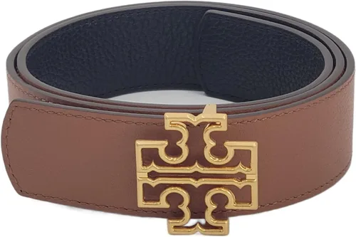 Miniatura 3 de Tory Burch 141742 Britten Logo Negro/Bronceado clásico con herrajes dorados Cinturón reversible de 1.5 pulgadas de ancho para mujer