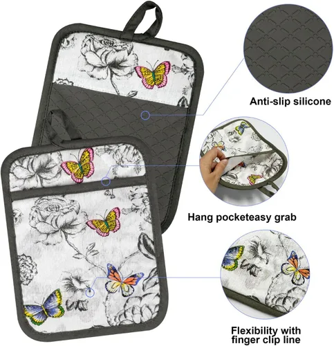 Miniatura 5 de Alselo Manoplas de horno y soportes para ollas con delantal Chaf, juego de 5 guantes de cocina resistentes al calor y agarraderas antideslizantes