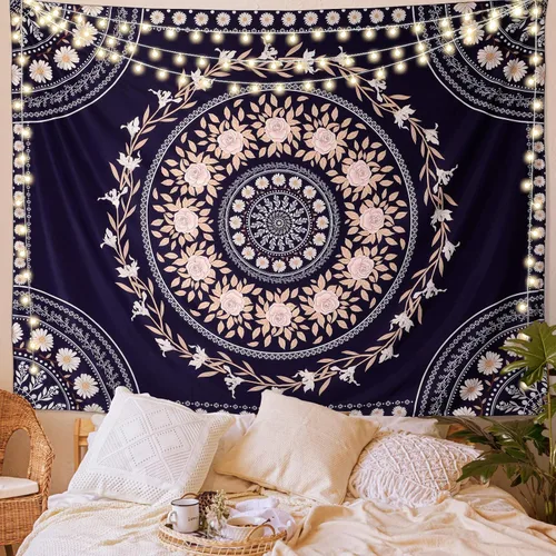 Miniatura 7 de FLY SPRAY Tapiz estético de mandala, tapices bohemios para colgar en la pared, tapiz de medallón floral de rosa oscura, arte de pared bohemio