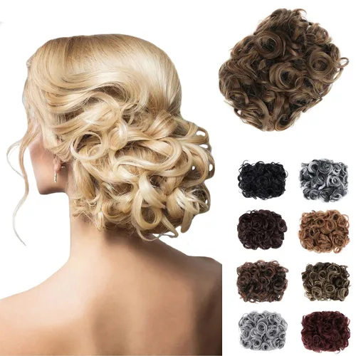 Elaine Combs - Pieza de cabello con moño desaliñado, extensión de cabello rizado y despeinado, chignon grueso, clip para coleta y gomas para cabello