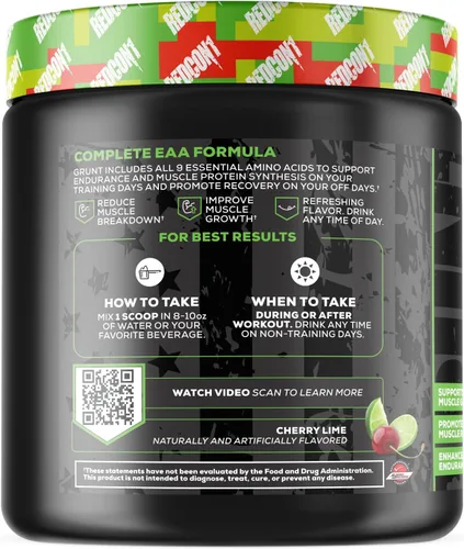 Miniatura 3 de REDCON1 Grunt EAAs, Cherry Lime, aminoácidos esenciales aptos para dieta cetogénica, sin azúcar, polvo para después del entrenamiento que contiene 9