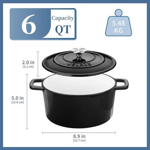Miniatura 6 de Velaze Horno holandés de hierro fundido esmaltado de 6 cuartos de galón, olla holandesa de doble asa con tapa, horno holandés redondo antiadherente