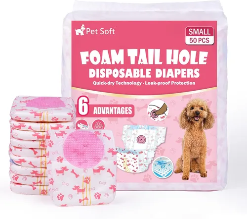 Pet Soft Pañales desechables para perras, pañales para perras con agujero de cola de espuma ajustable, ultra protección, pañales para cachorros y