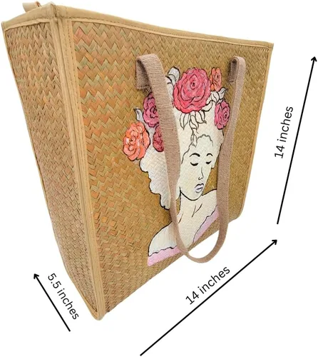 Miniatura 2 de Women's Handknitting Sea Grass Tote BagGirl Flower head Summer Tote BagHand Painted Acrylic color on seagrass Handcrafted Bag
