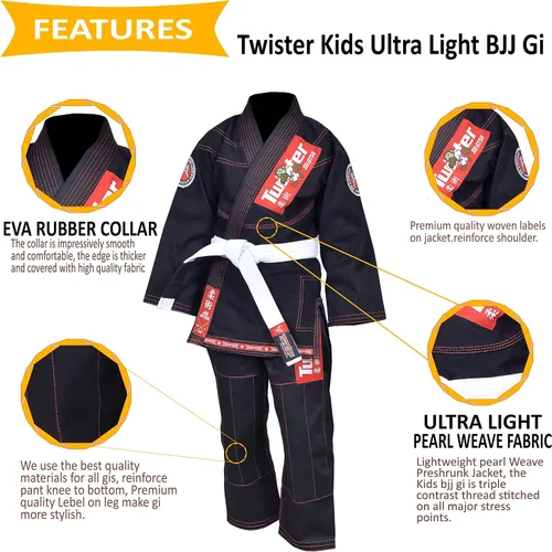 Miniatura 6 de Twister Kids Jiu Jitsu Gi Ultra Light Fabric Youth BJJ Gi with free White Belt Included