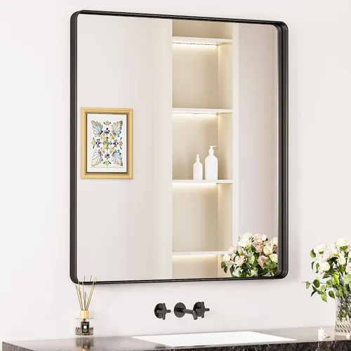 Miniatura 67 de Keonjinn Espejos de baño negros para sobre el fregadero, espejos cuadrados grandes de 36 x 36 pulgadas para pared, espejo rectangular redondeado