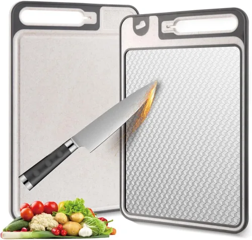 Tablas de cortar 2 en 1 no tóxicas para aficionados a la cocina gourmet, acero inoxidable 304 y paja de trigo de grado alimenticio, diseño de doble