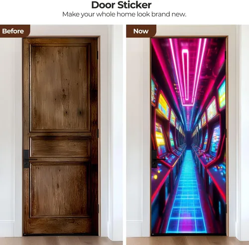 Miniatura 2 de Calcomanías para puerta, murales 3D, neón, retro, arcade, 80, máquinas de arcade, luces de neón, diseño retro, murales, papel tapiz autoadhesivo
