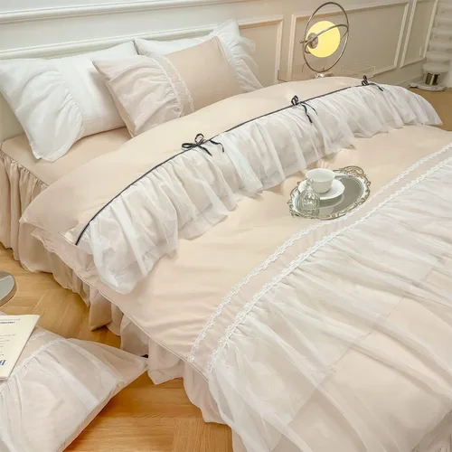 Miniatura 7 de SOUKECHY Juego de funda de edredón de encaje con volantes, ropa de cama elegante con lazo, ropa de cama de princesa para niños, 100% poliéster