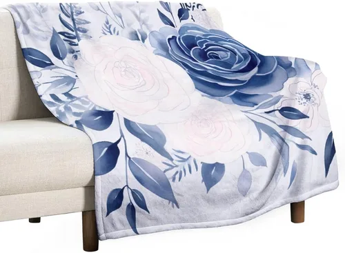 Miniatura 48 de Manta de flores de acuarela azul marino, bohemias, manta de acuarela floral con coronas de rosas y hojas de peonías, lujosa, cálida y acogedora