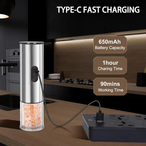 Miniatura 3 de Enutogo Juego de molinillo eléctrico de sal y pimienta, salero y pimentero recargable, molinillo de pimienta automático con grosor ajustable