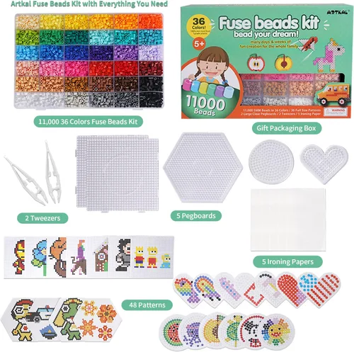 Miniatura 3 de Artkal Kit de cuentas fusibles de 11,000 piezas de 36 colores, con 5 tableros de clavijas, 2 pinzas, 48 patrones, kit de cuentas fusibles