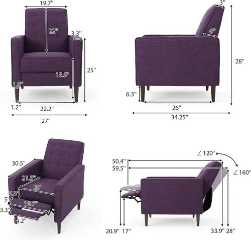 Miniatura 13 de GDFStudio Macedonia - Sillón reclinable de tela con respaldo copetudo, moderno Pizarra / Espresso oscuro