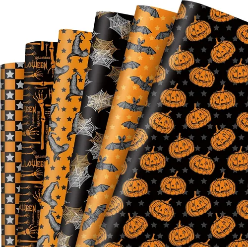 AnyDesign 12 hojas de papel de regalo de Halloween, no se enrolla, diseño de calabaza, murciélago, telaraña, sombrero de bruja, papel de arte, papel