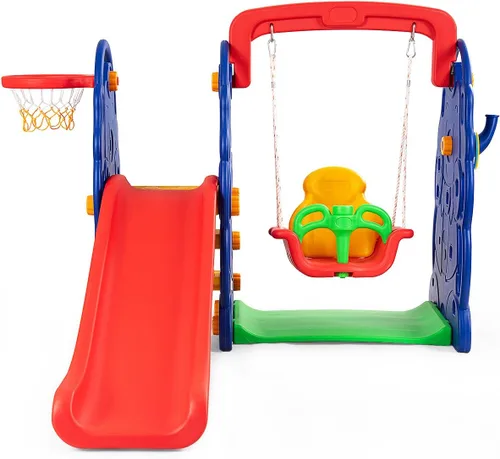 Miniatura 3 de HONEY JOY Juego de columpio y tobogán para niños pequeños, 4 en 4 juegos de escalador con aro de baloncesto, tobogán extra largo con zona
