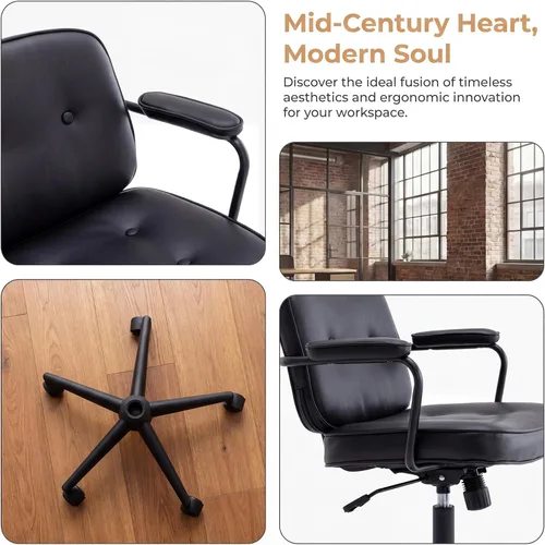 Miniatura 5 de DUOMAY Silla de escritorio retro para computadora de oficina en casa con reposabrazos, moderna silla giratoria de piel sintética con respaldo medio
