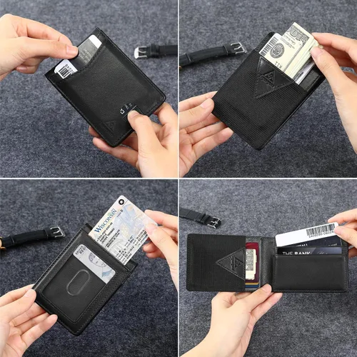 Miniatura 3 de Tryangoos Cartera delgada minimalista de cuero genuino con bloqueo RFID para hombres, bolsillo frontal con cierre magnético, bolsillo frontal
