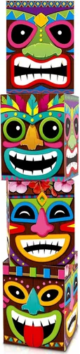 Teling 4 cajas de decoración de fiesta hawaiana Tiki, cajas de recuerdo tropicales de verano para interiores y exteriores, centros de mesa Aloha