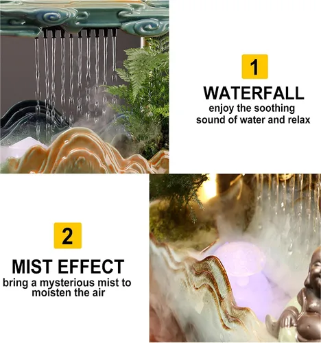 Miniatura 4 de Fuente interior de mesa con grúa, fuente de cascada, quemador de incienso, decoración de Feng Shui para buena suerte, fuente de cerámica con luz