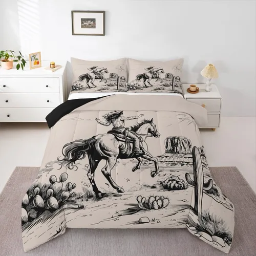 Miniatura 10 de Homewish Juego de edredón de vaquera occidental, tamaño individual, juego de ropa de cama de dibujo de cactus del desierto de caballo salvaje