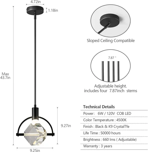 Miniatura 5 de Lámpara colgante de techo para isla de cocina, moderna mini luz colgante LED integrada, lámpara colgante de cristal en negro, dormitorio, comedor