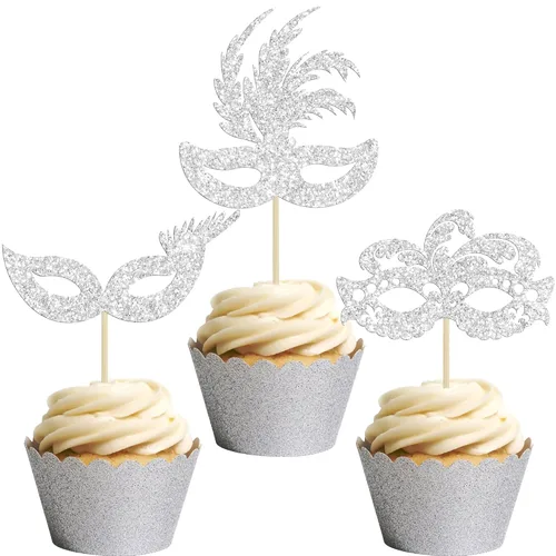Gyufise 24 máscaras de mascarada para cupcakes con purpurina plateada, máscara de despedida de soltera para cupcakes, decoraciones para bailes de